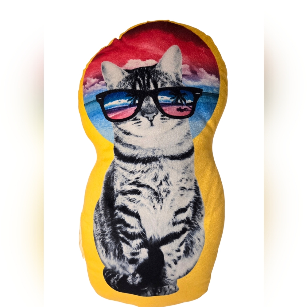 Colorful Retro Boho Cat Novelty Throw Pillow W/Sunglasses Beach Theme Soft